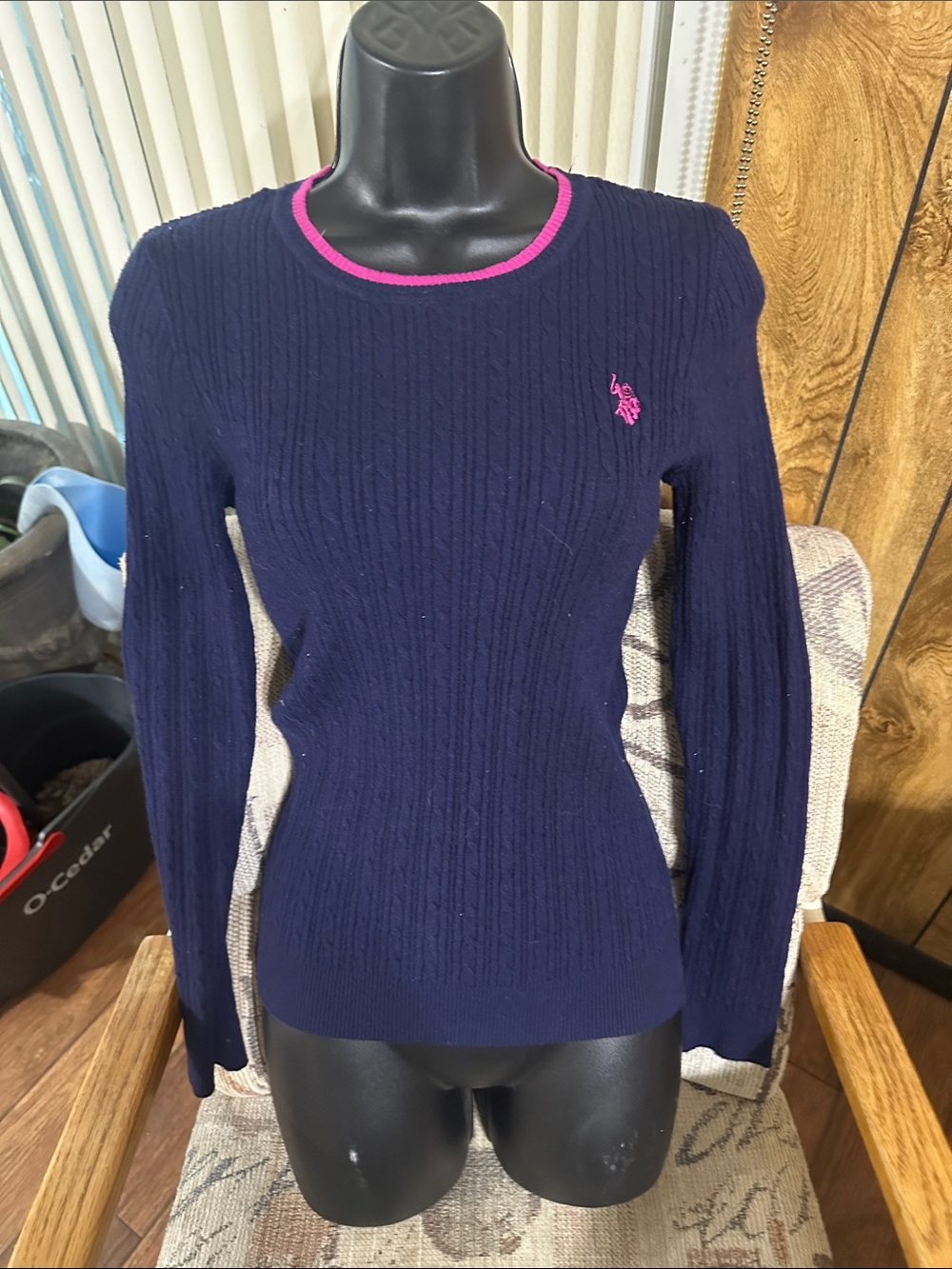 U.S. Polo Assn. Navy Cable-Knit Crew Sweater with Pink Trim